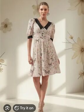Butterfly V-Neck Puff Sleeve Dress with Black Trim Size M